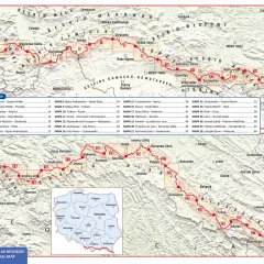 Mapa szlaku GSB, głównego szlaku beskidzkiego, z zaznaczonymi etapami i miejscowościami.