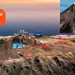 Mapa szlaków na Teneryfie, ukazująca najwyższy szczyt Hiszpanii, wulkan Teide, z zaznaczonymi trasami i kolejką linową.