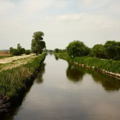 Spokojna rzeka Ner płynie przez zielone krajobrazy. Po lewej stronie widać piaszczystą ścieżkę i wysokie trawy, a po prawej bujną roślinność i drzewa.