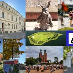 Kolekcja zdjęć z szlaku piastowskiego: zabytkowe budynki, pomnik zająca, wyspa, kościoły, wieża ciśnień, skansen, bramy i wystawa.
