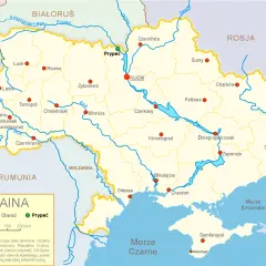Mapa Ukrainy z zaznaczonym Prypeciem, miastem, gdzie leży Czarnobyl. Widoczne sąsiadujące państwa i główne miasta.