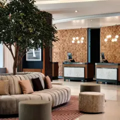 Eleganckie lobby hotelu Radisson Blu Hotel Krakow z okrągłą sofą, drzewem i recepcją z drewnianą ścianą.
