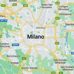 Mapa pokazuje, gdzie jest Mediolan, otoczony przez Rho, Pero, Cesano Boscone, Buccinasco, Assago, San Donato Milanese i inne miejscowości.