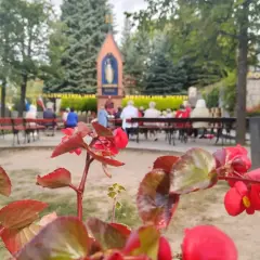 Kwiaty na pierwszym planie, w tle kapliczka i wierni w Gierzwałdzie.