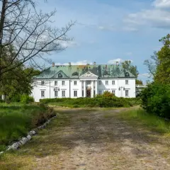 Biały dwór z zielonym dachem, otoczony drzewami i krzewami. Droga dojazdowa do Kiernoza jest wybrukowana.