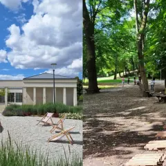 Nowoczesny budynek z fontanną i leżakami po lewej, po prawej park linowy w Jankowicach z dziećmi.