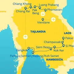 Mapa podróży po Tajlandii, Laosie i Kambodży, z zaznaczonymi miastami i trasami, w tym wzdłuż rzeki Mekong.