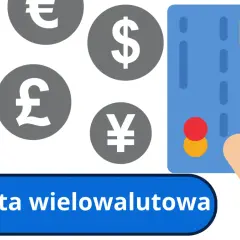 Karta wielowalutowa z symbolami euro, dolara, funta i jena. Idealna do podróży po Europie i świecie, gdzie obowiązuje euro, a także inne waluty.