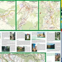 Mapa turystyczna Gór Stołowych z zaznaczonymi szlakami, atrakcjami i miejscowościami jak Kudowa-Zdrój, Duszniki-Zdrój i Polanica-Zdrój.
