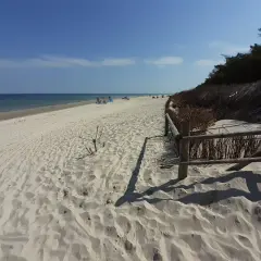 Piękna, piaszczysta lubiatowo plaża z widokiem na spokojne morze i błękitne niebo. Drewniane ogrodzenie chroni wydmy.
