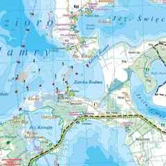 Mapa pokazuje fragment Mazur, gdzie jezior jest wiele, m.in. Mamry, Kirsajty, Harsz.