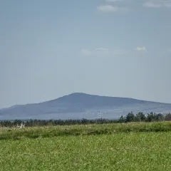 Łysa Góra, najwyższy szczyt Gór Świętokrzyskich, majaczy na horyzoncie. Przed nią zielone pola i las.