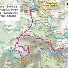 Pienińskie **szczyty**: Trzy Korony, Sokolica, Góra Zamkowa. Mapa turystyczna Pienin z zaznaczonymi szlakami i punktami widokowymi.