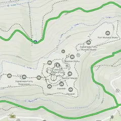 Mapa szlaku turystycznego wokół Twierdzy Srebrna Góra. Zaznaczone atrakcje: Fort Wysoka Skała, Bastion Dolny, Esplanada Fortu Rogowego, Fort Chochoł Mały.