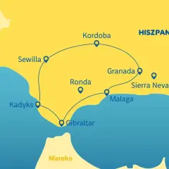 Mapa Andaluzji pokazuje, gdzie leży Malaga, między Kadyksem a Grenadą, na południowym wybrzeżu Hiszpanii.