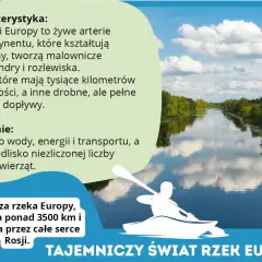 Kajakarz płynie po spokojnej rzece, która jest najdłuższą rzeką Europy, Wołgą. Woda odbija chmury i drzewa.