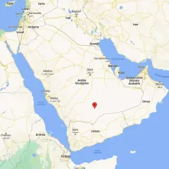 Mapa przedstawiająca półwysep arabski z zaznaczonym punktem na terytorium Arabii Saudyjskiej. Widoczne są Egipt, Morze Czerwone i Zatoka Perska.