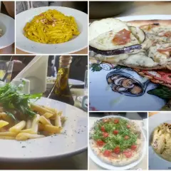 Przegląd dań z trattoria toscana menu: spaghetti, penne w sosie serowym, pizza z bakłażanem, penne z rukolą, pizza z rukolą i pomidorkami, tagliatelle.