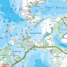 Mapa pokazuje fragment Mazur, gdzie jezior jest wiele, m.in. Mamry, Kirsajty, Harsz.