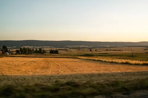 Złote pola zbóż pod łagodnymi wzgórzami, przypominającymi najstarsze góry w Polsce.