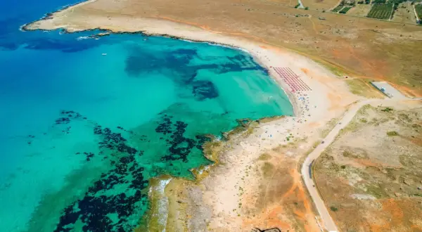 Widok z lotu ptaka na turkusowe morze i piaszczyste bari plaże z rzędami parasoli.