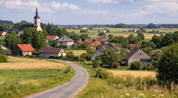Sielankowy krajobraz z kościołem i domami, droga wije się przez pola. Czy to właśnie tu znajduje się najdłuższa nazwa miejscowości w Polsce?