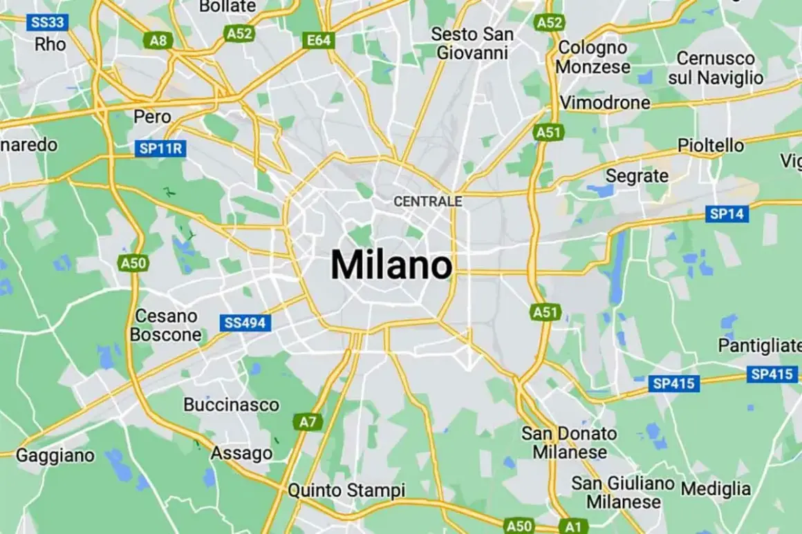 Mapa pokazuje, gdzie jest Mediolan, otoczony przez Rho, Pero, Cesano Boscone, Buccinasco, Assago, San Donato Milanese i inne miejscowości.