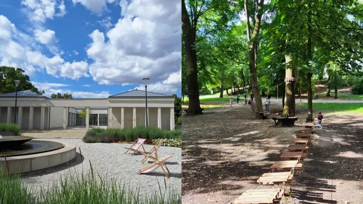 Nowoczesny budynek z fontanną i leżakami po lewej, po prawej park linowy w Jankowicach z dziećmi.