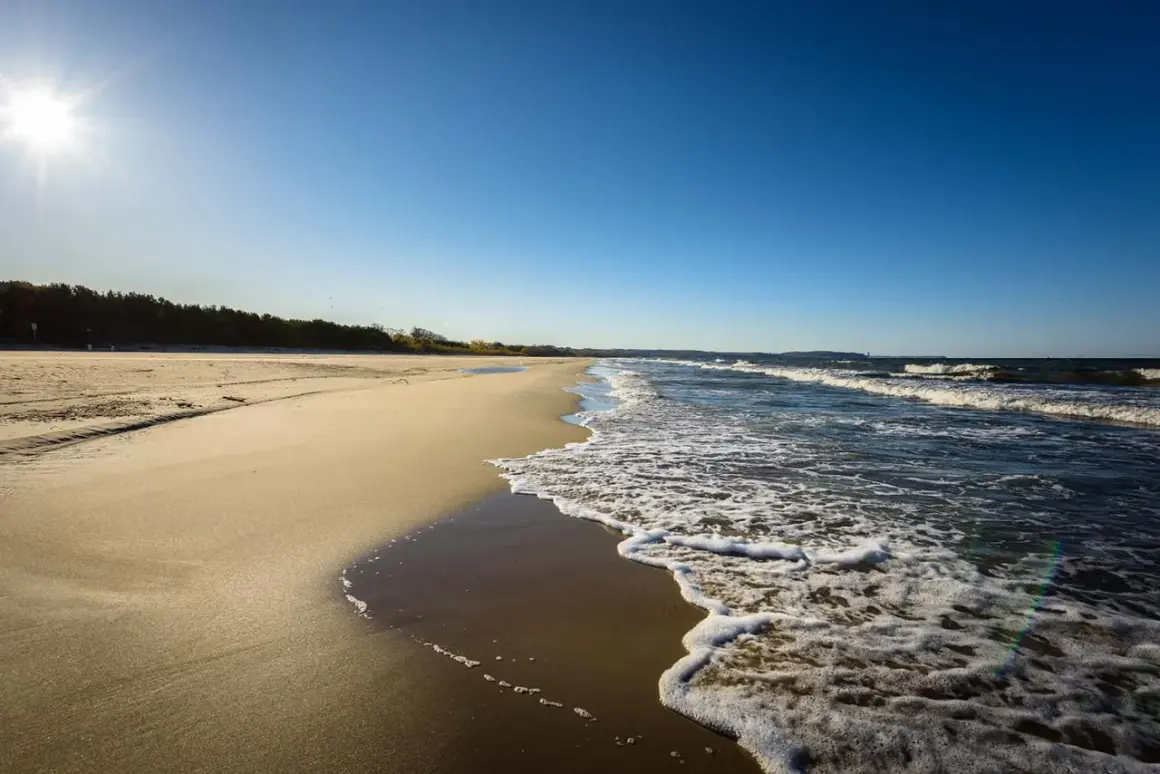 Słoneczny dzień nad polskim morzem. Piaszczysta plaża, szum fal i błękitne niebo tworzą idealny krajobraz.