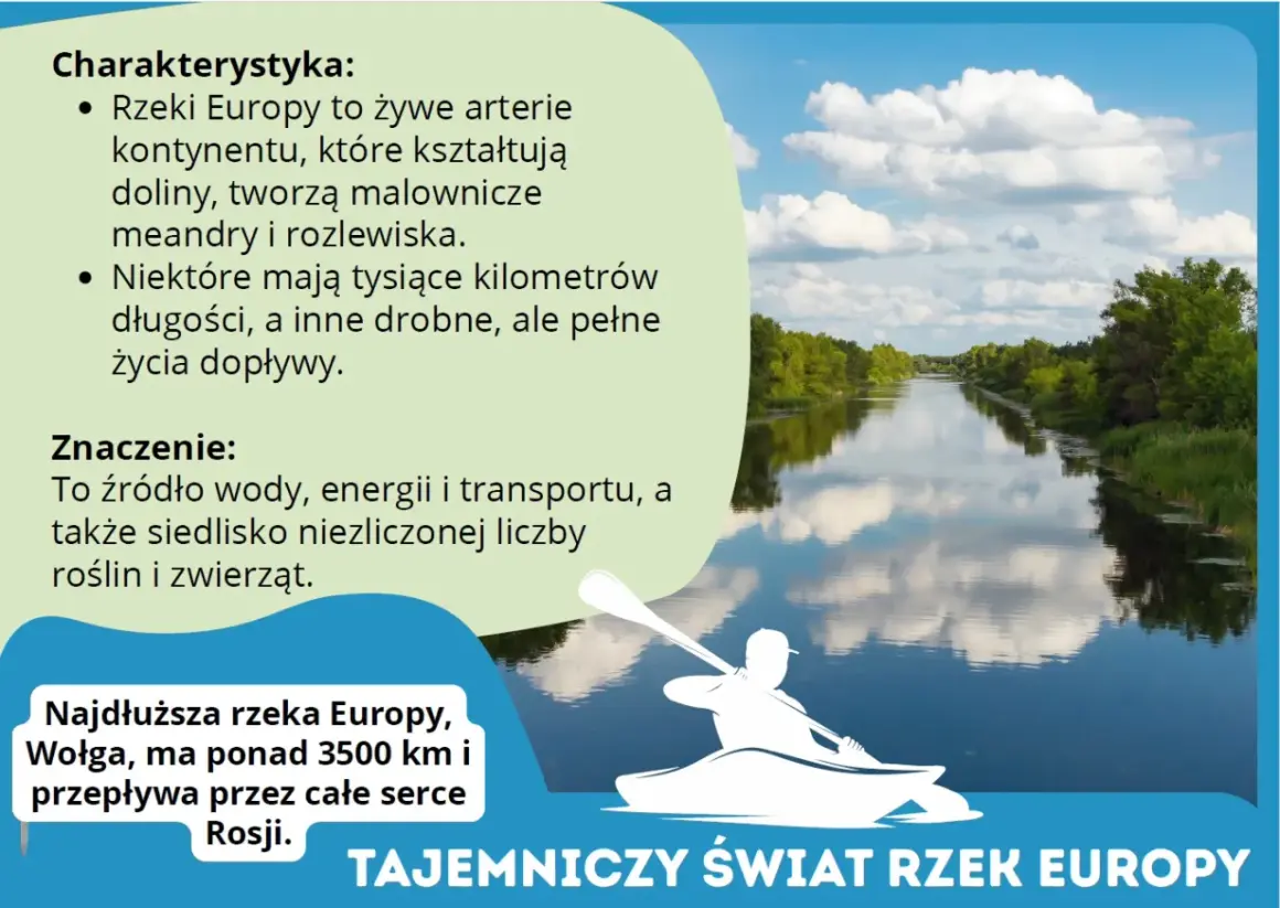 Kajakarz płynie po spokojnej rzece, która jest najdłuższą rzeką Europy, Wołgą. Woda odbija chmury i drzewa.