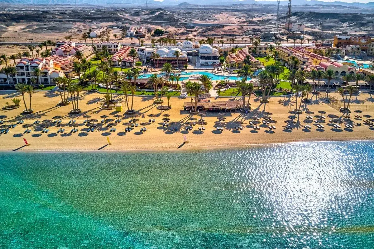 Piękna plaża i baseny w Protels Crystal Beach Resort. Wiele leżaków i palm. Idealne miejsce na wakacje, zgodnie z licznymi protels crystal beach resort opinie.
