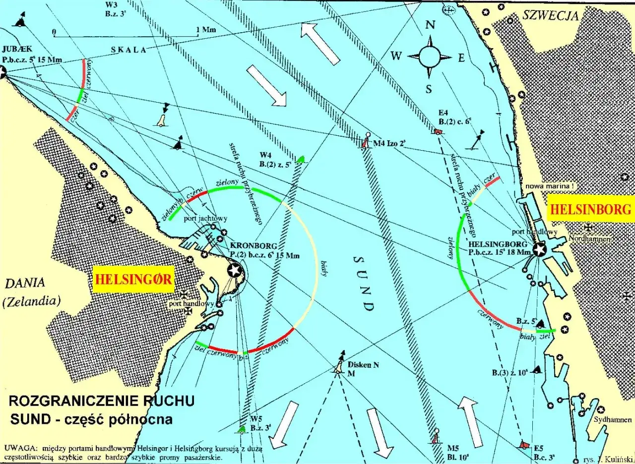 Mapa żeglugowa Sundu, pokazująca gdzie jest Kopenhaga (w pobliżu Helsingør i Helsingborg).