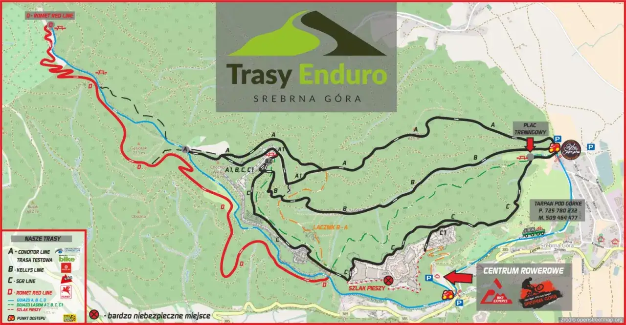 Mapa tras Enduro Srebrna Góra: linie A, B, C, D (w tym D-ROMET RED LINE) i szlaki piesze. Atrakcje to plac treningowy i centrum rowerowe.