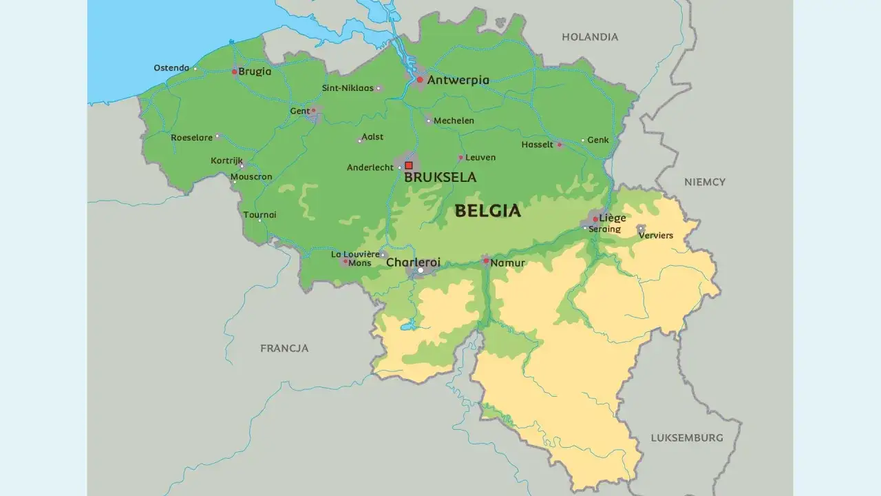 Mapa Belgii z zaznaczoną stolicą. Gdzie jest Bruksela? W centrum kraju, między Antwerpią a Charleroi.