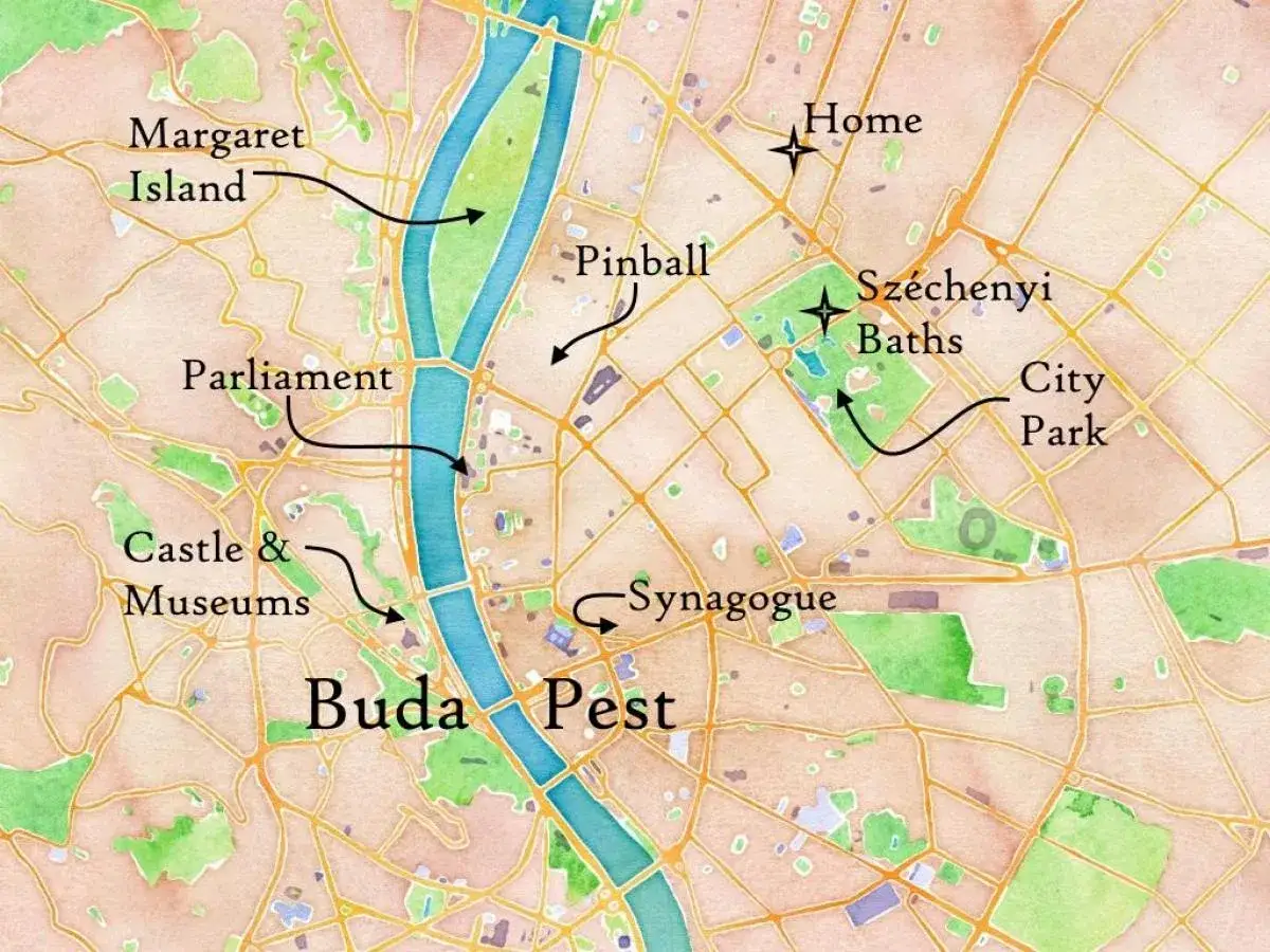 Mapa pokazuje, gdzie jest Budapeszt, z zaznaczonymi Parlamentem, Zamkiem, Wyspą Małgorzaty, Łaźniami Széchenyi i Synagogą.