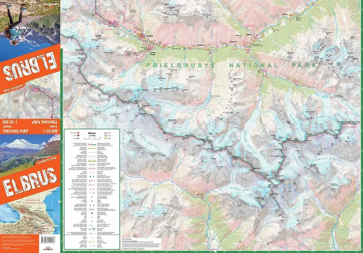 Mapa turystyczna z zaznaczonymi szlakami i lodowcami w rejonie gór z Elbrusem. Skala 1:50 000.