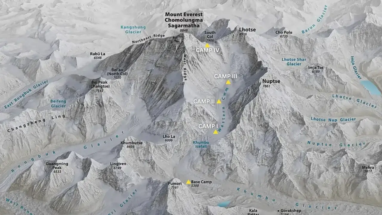 Mapa pokazuje, gdzie jest Mount Everest, z zaznaczonymi obozami i lodowcami.