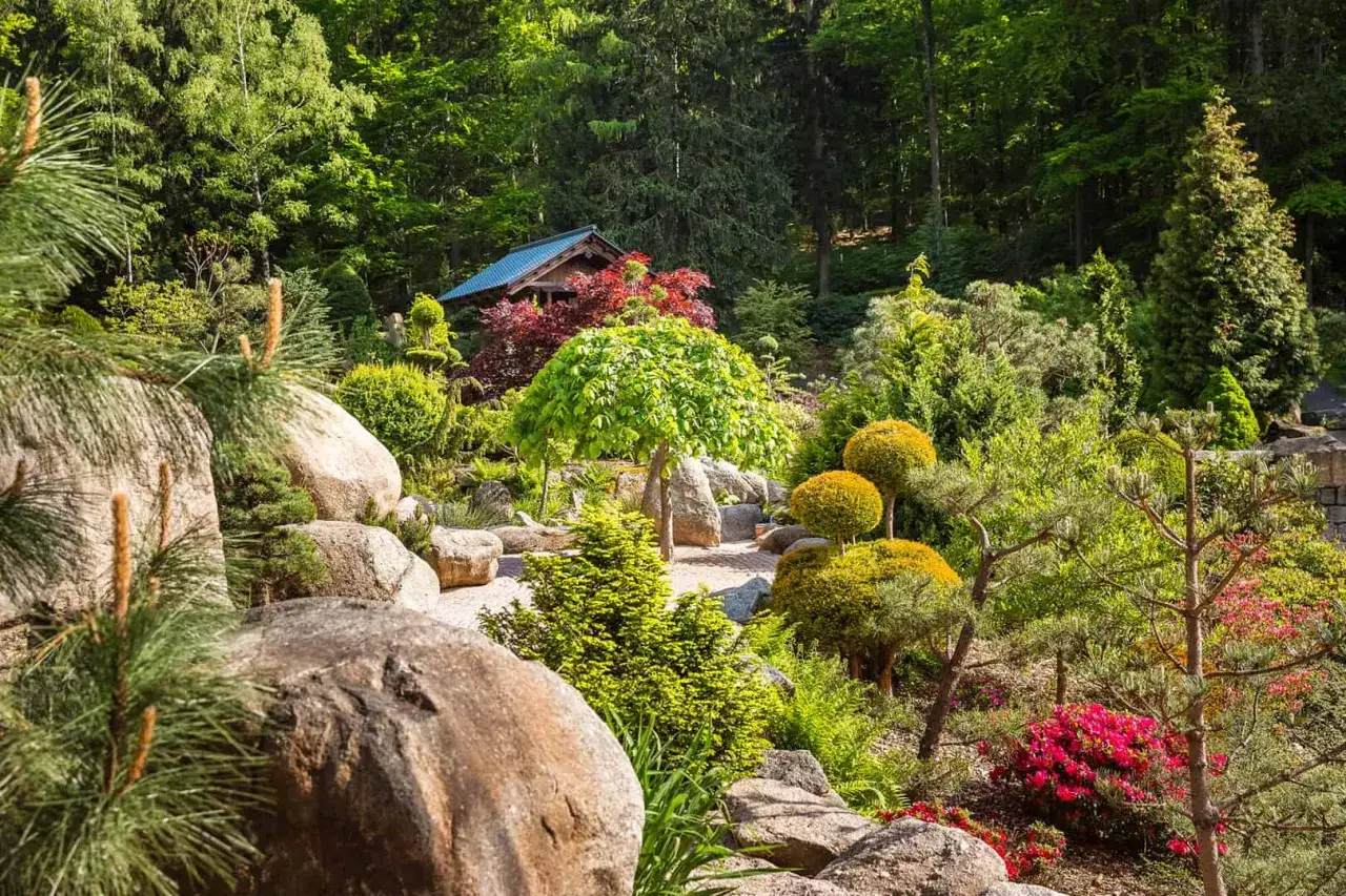 Spokojny ogród japoński z kamieniami, drzewami bonsai, czerwonymi klonami i małym domkiem z niebieskim dachem.