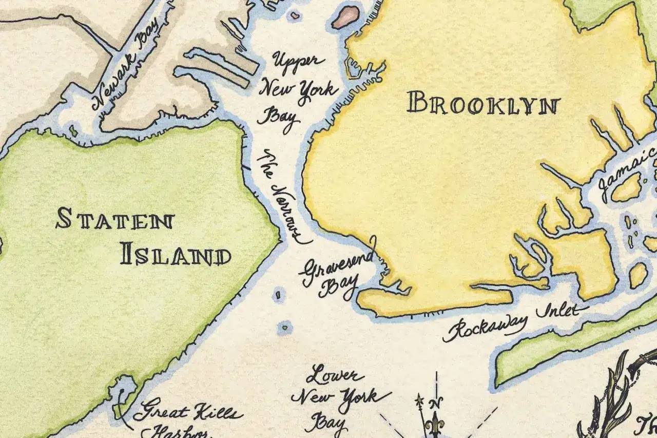 Mapa przedstawia dzielnice Nowego Jorku: Staten Island i Brooklyn, otoczone wodami Newark Bay, Upper New York Bay, The Narrows, Gravesend Bay, Lower New York Bay i Rockaway Inlet.