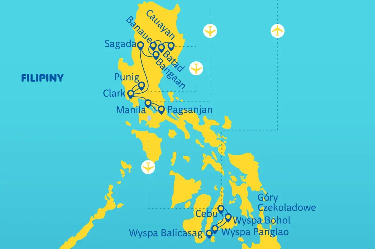 Mapa pokazuje, gdzie leżą Filipiny, z zaznaczonymi miastami jak Manila, Cebu, oraz atrakcjami jak Góry Czekoladowe.
