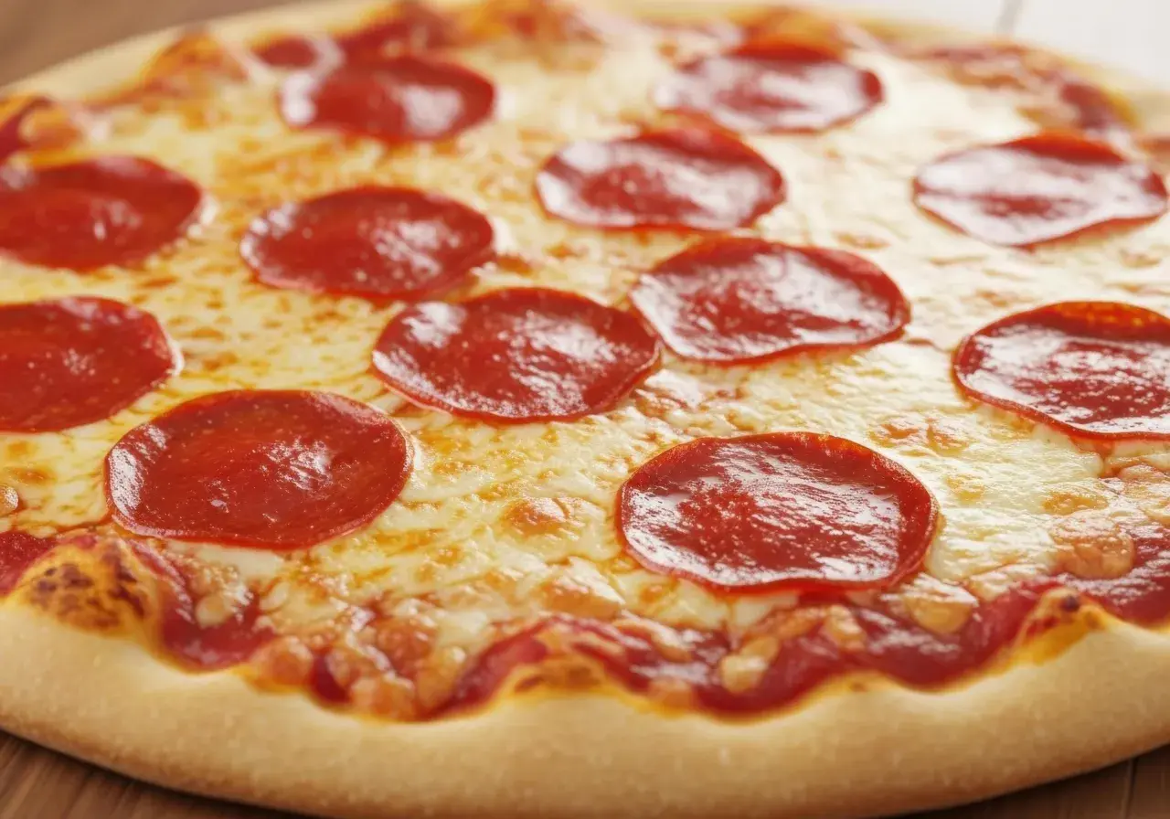 Pyszna pepperoni pizza z ciągnącym się serem i chrupiącym ciastem. Idealna na wieczór filmowy!