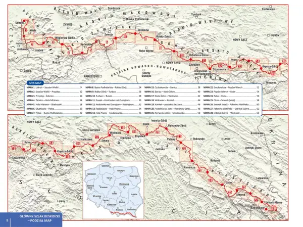 Mapa szlaku GSB, głównego szlaku beskidzkiego, z zaznaczonymi etapami i miejscowościami.
