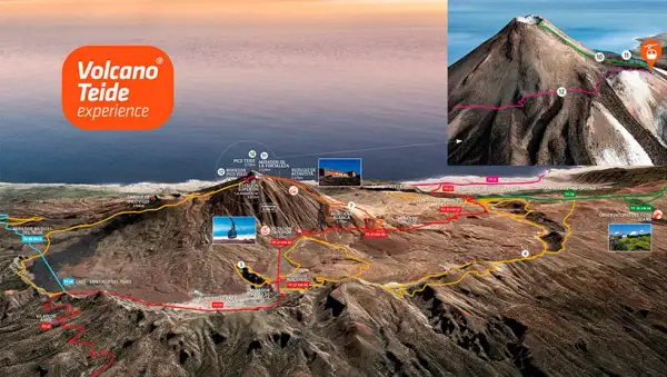 Mapa szlaków na Teneryfie, ukazująca najwyższy szczyt Hiszpanii, wulkan Teide, z zaznaczonymi trasami i kolejką linową.
