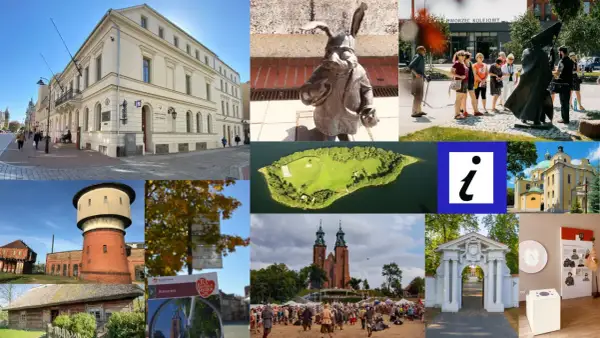 Kolekcja zdjęć z szlaku piastowskiego: zabytkowe budynki, pomnik zająca, wyspa, kościoły, wieża ciśnień, skansen, bramy i wystawa.