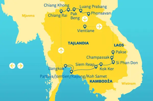 Mapa podróży po Tajlandii, Laosie i Kambodży, z zaznaczonymi miastami i trasami, w tym wzdłuż rzeki Mekong.