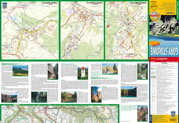 Mapa turystyczna Gór Stołowych z zaznaczonymi szlakami, atrakcjami i miejscowościami jak Kudowa-Zdrój, Duszniki-Zdrój i Polanica-Zdrój.