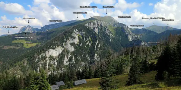 Widok na Tatry z Doliną Kościeliską. Na pierwszym planie widać drewniane hale, a w oddali góry z nazwami szczytów.