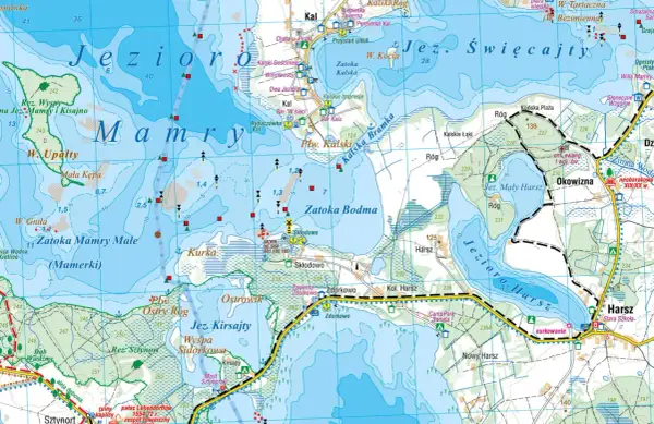 Mapa pokazuje fragment Mazur, gdzie jezior jest wiele, m.in. Mamry, Kirsajty, Harsz.