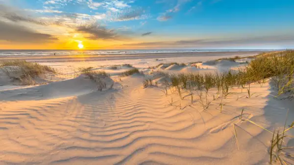 Piaskowe wydmy i trawy na plaży w Gdańsku o zachodzie słońca. Piękne morze i niebo.