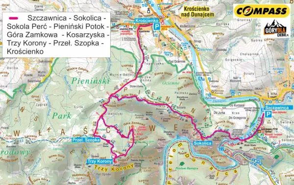 Pienińskie **szczyty**: Trzy Korony, Sokolica, Góra Zamkowa. Mapa turystyczna Pienin z zaznaczonymi szlakami i punktami widokowymi.